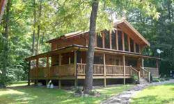Beautiful log cabin with large half acre stocked pond, 3 bed/2 bath with wrap around porch. Completely private, sitting on 17 acres. Double 24x24 detached garage and outbuilding, creek on property. Mahogany floors on 2nd level, curly maple stairs,