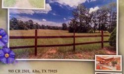 Beautiful hilltop setting. This custom 3BR/2.5 Bath is wonderfully situated on 17.74 acres. Rolling terrain, cleared. It is animal ready, fenced, pond, and cattle guard. Very private with tree lined boundaries. Family room with fireplace, formal dining
